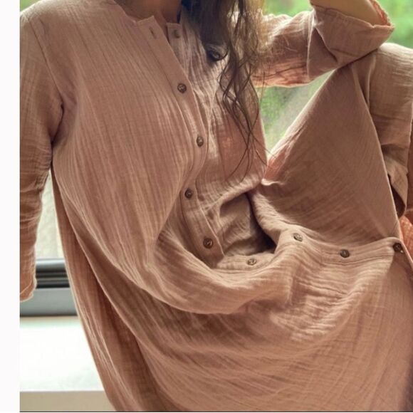 The Frock NYC 100% Cotton Gauze Crinkle Dusty Rose Maxi Boheme Shirt Dress Sm - Picture 10 of 10